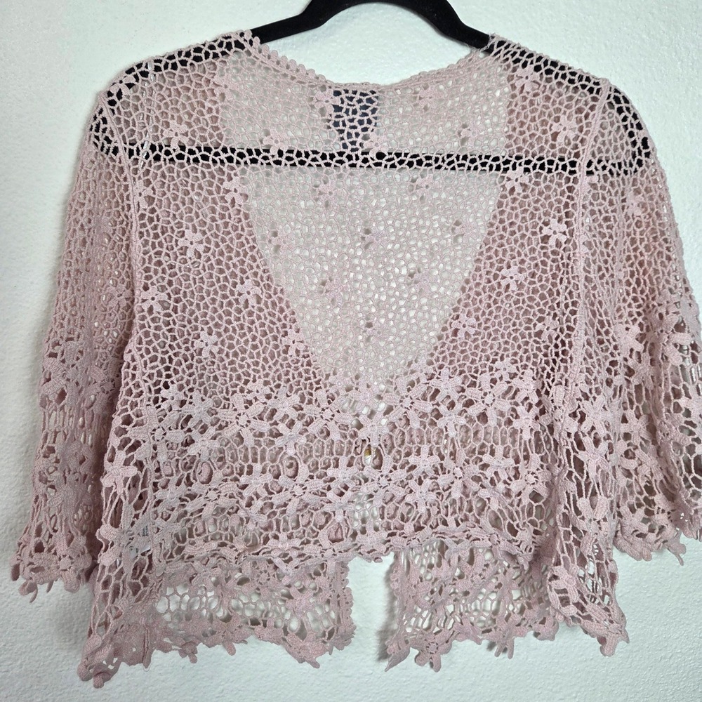 Pink Crochet Knit‎ Shrug Bohemian Cottagecore style Rabbit Rabbit Rabbit XL - Picture 2 of 11